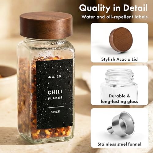 EDELHAUS Glass Spice Jars with Label, 24x Acacia Wooden Lids - Black Labels | Airtight acacia lids keep spices fresh; use as a spice organizer, seasoning containers or 4 oz jar set; funnel & 240 labels - color: Acacia Lid + Black Labels