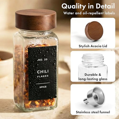 EDELHAUS Glass Spice Jars with Label, 24x Acacia Wooden Lids - Black Labels | Airtight acacia lids keep spices fresh; use as a spice organizer, seasoning containers or 4 oz jar set; funnel & 240 labels - color: Acacia Lid + Black Labels