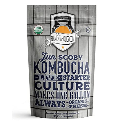 Fermentaholics Jun Kombucha Essentials Kit - ORGANIC JUN SCOBY (starter culture) + 1-Gallon Glass Fermenting Jar, Breathable Cover, Rubber Band, & Adhesive Thermometer - Brew jun kombucha at Home