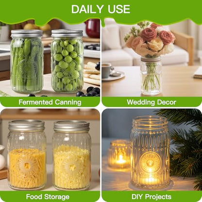 2-Pack 32oz Wide Mouth Mason Jars with Lids, Bands & Sunflower Pattern | Quart Glass Canning Jars for Overnight Oats, Pickling, Food Storage, DIY Crafts, Wedding Favors - color: Clear-32oz 2pcs