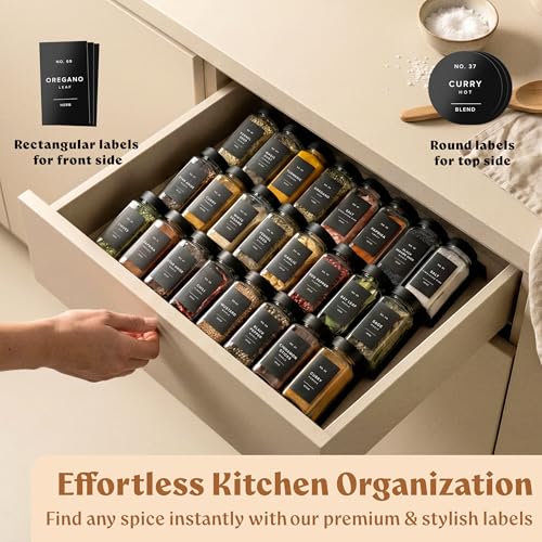 EDELHAUS Glass Spice Jars with Labels (24 x 4oz) Spice Containers with 240 Labels, Shaker Inserts, Funnel, Empty Square Empty Square Seasoning Organizer (Black Lids) - color: Black Lid