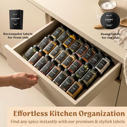 EDELHAUS Glass Spice Jars with Labels (24 x 4oz) Spice Containers with 240 Labels, Shaker Inserts, Funnel, Empty Square Empty Square Seasoning Organizer (Black Lids) - color: Black Lid