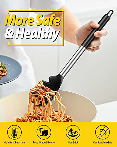 Silicone Pasta Fork and Ladle Spoon Set, Large Non Stick Kitchen Utensils for Cooking,Stirring,Serving Spaghetti, Soup, Sauce (BLACK) - color: Black