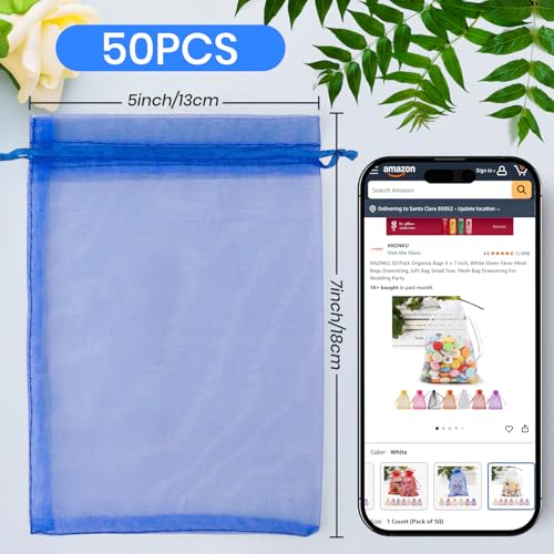 ANZNKU 50 Pack Royal Blue Organza Bags 5x7 Inch, Small Mesh Bag Drawstring Mesh Gift Bags Jewelry Pouches for Baby Shower, Easter Gifts, Birthday Party Favors - color: Royal Blue