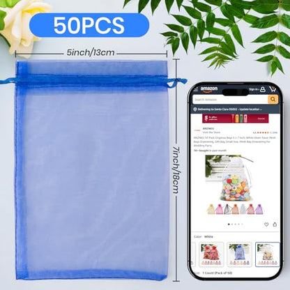 ANZNKU 50 Pack Royal Blue Organza Bags 5x7 Inch, Small Mesh Bag Drawstring Mesh Gift Bags Jewelry Pouches for Baby Shower, Easter Gifts, Birthday Party Favors - color: Royal Blue