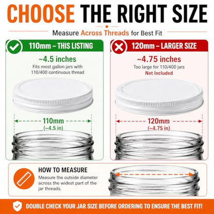 White Metal Lid for 1 Gallon & 1/2 Gallon Wide Mouth Glass Jars – 110mm (4.33") ID & (4.50") OD Fit – Food-Grade, Leak-Resistant Caps (Jars Not Included)