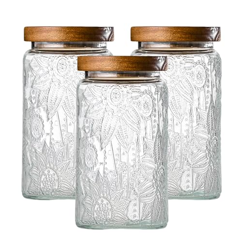 Adodeen 3-Pack 32oz Vintage Glass Jar With Lid, Glass Storage Containers, Airtight Kitchen Storage Containers For Sugar, Coffee, Tea, Spice, Flour, Candy Cookie, Pasta, Cereal - color: Sunflower*3-32oz