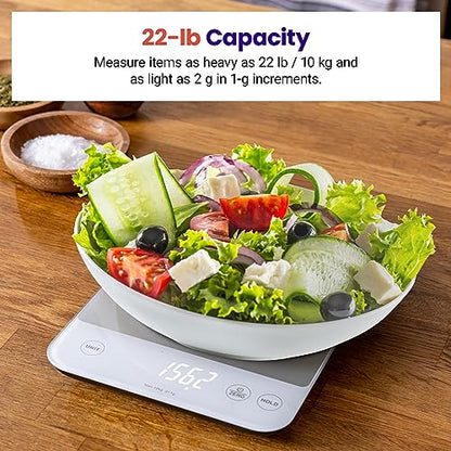 Etekcity Food Kitchen Scale, 22lb Digital Weight Scale Grams and Ounces Rechargeable Waterproof Tool for Weight Loss, Cooking, Baking, Meat, Bread, Large 0.05oz/1g Accuracy | 22 Lb/10 Kg Capacity, 0.05oz/1g Precision, IPX6 Splash-Resistant, USB-C Recharge