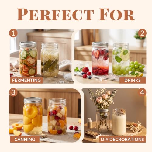 CycleMore Mason Jars 32 oz Wide Mouth, 6 Pack Glass Jars with ml Measurements and Silver Split Lids, Quart Mason Jars for Sourdough Starter, Pickles, Fermenting and Storage - size: 32 oz - 6 Pack