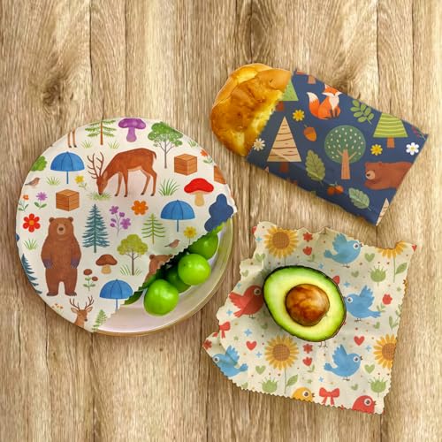 LENARKU Reusable Beeswax Wrap, Forest Animals Wraps, 9 Pack Eco-Friendly Food Storage, Organic Cotton, Sustainable, Zero Waste, Plastic-Free, Sandwich & Snack Covers, 1XL, 3M, 5S - color: Beige Woodland