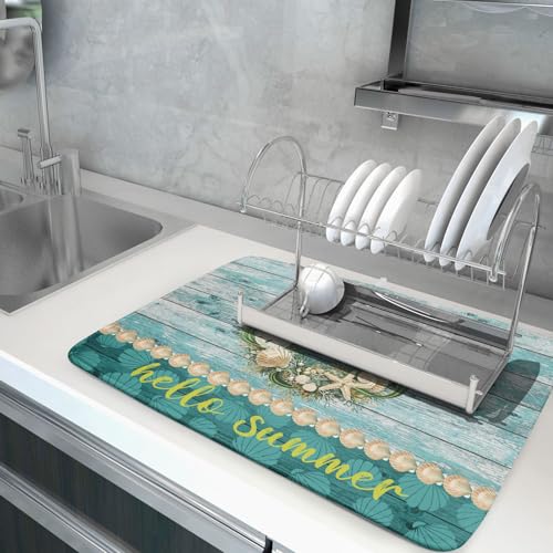 Hello Summer Dish Drying Mat for Kitchen Counter,Sea Shell Starfish Coastal Wreath Drying Mat 18 x 24 Inch with Absorbent Reversible Microfiber Drying Pad for Coffee Bar - size: 18" x 24"