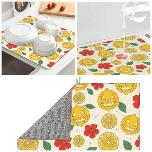 Lemon Lanterns Hibiscus Flowers Dish Drying Mats for Kitchen Counter, Super Absorbent Microfiber Drainer Pad, Washable Reversible Appliance Protector, Everyday Kitchen Must-Have, 16x18 Inch - color: Lemon Lanterns Hibiscus Flowers
