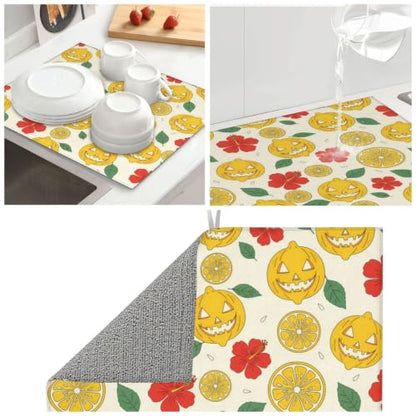 Lemon Lanterns Hibiscus Flowers Dish Drying Mats for Kitchen Counter, Super Absorbent Microfiber Drainer Pad, Washable Reversible Appliance Protector, Everyday Kitchen Must-Have, 16x18 Inch - color: Lemon Lanterns Hibiscus Flowers