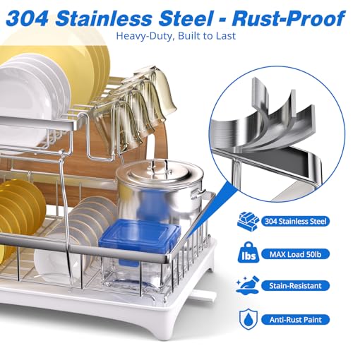 Godboat 2-Tier Dish Drying Rack - 304 Stainless Steel Dish Rack Auto Drain | Dish Racks for Kitchen Counter, Dish Drainer with Knife Fork & Cup Rack, Gifts for Women, Mothers Day, Kitchen Gadget, Silver - size: X-Large (2-Tier/Silver)