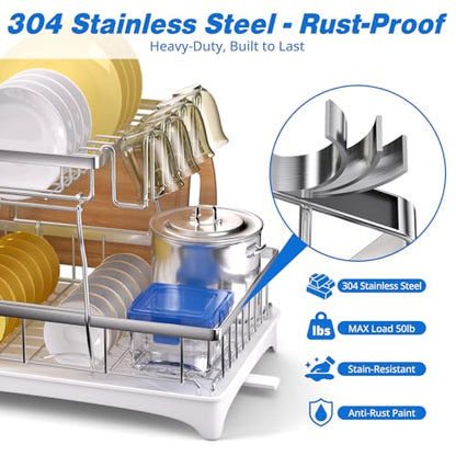 Godboat 2-Tier Dish Drying Rack - 304 Stainless Steel Dish Rack Auto Drain | Dish Racks for Kitchen Counter, Dish Drainer with Knife Fork & Cup Rack, Gifts for Women, Mothers Day, Kitchen Gadget, Silver - size: X-Large (2-Tier/Silver)