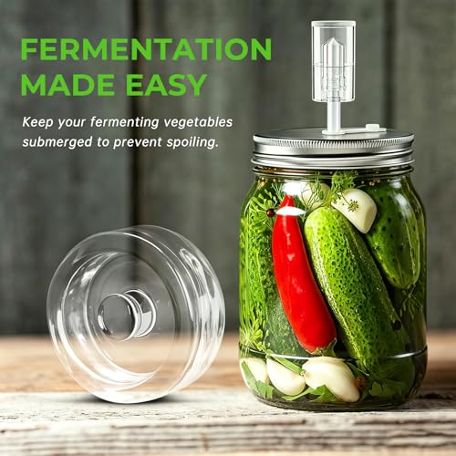 Fermentation Kit for Wide Mouth Mason Jars, 26-in-1 Complete Fermentation Starter Kit with 4 Stainless Steel Lids, 4 Glass Weights, 4 Airlocks, 24 Labels, Long Handle Brush, Silicone Tong & Pounder