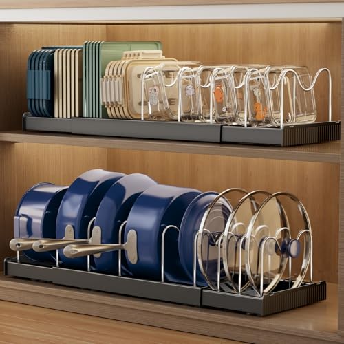 Magheo 2 Pack Expandable Food Storage Container Lid Organizers, 22" Pots and Pans Organizer Under Cabinet with 9 Adjustable Dividers Pot and Pan Lid Holders Rack Inside Cabinet(Black) - color: Black, size: (2 Pack)22.4"D x 7.9"W x 6.3"H