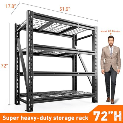 Romorgniz 3020LBS Heavy Duty Garage Shelving, 51.6" W Storage Shelves with Wire Deck, Rust/Water Resistant, 4 Tier Adjustable Industrial Shelving for Warehouse Basement, 17.8" D Deep x 72" H, Black - size: 51.6" W X 72" H X 17.8" D