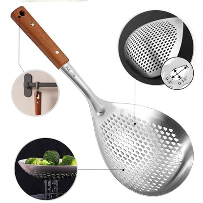 304 Steel Spider Strainer Wood Handle Kitchen Mesh Drainer for Pasta | Small fine wire mesh strainer spoon, multipurpose kitchen colander, great for deep frying, draining food,washing veg fruits - size: Small size
