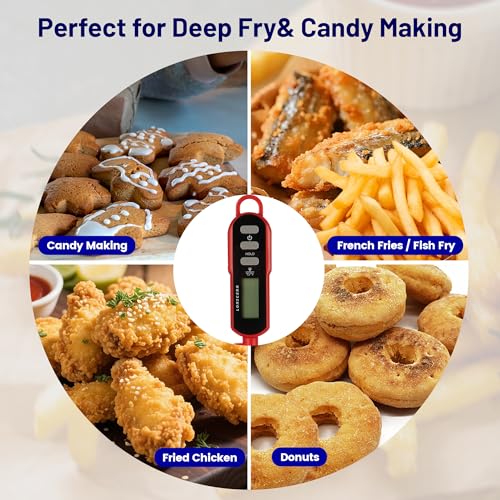 Lonicera Digital Candy Thermometer with Pot Clip, 11" Long Probe, Instant Read 2-3s, IPX6 Waterproof Food Thermometer with Backlight, for Deep Fry, Oil & Meat (Red)
