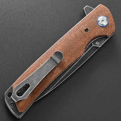 Eafengrow EF973 Folding Knife, D2 Steel Blade Micarta Handle Scale Pocket Knife Folder for Working Camping Hiking EDC Tool Knife(brown) - color: brown