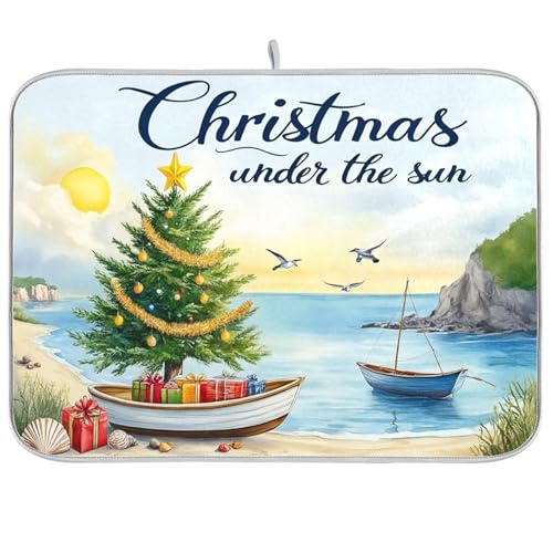 Christmas Beach Time Dish Drying Mat for Kitchen Countertop 18x24 Winter Tree Xmas Large Drying Mat Reusable Quick Dry Dish Sink Mats Easy Clean Decorative Essentials - size: 18x24(in)x1