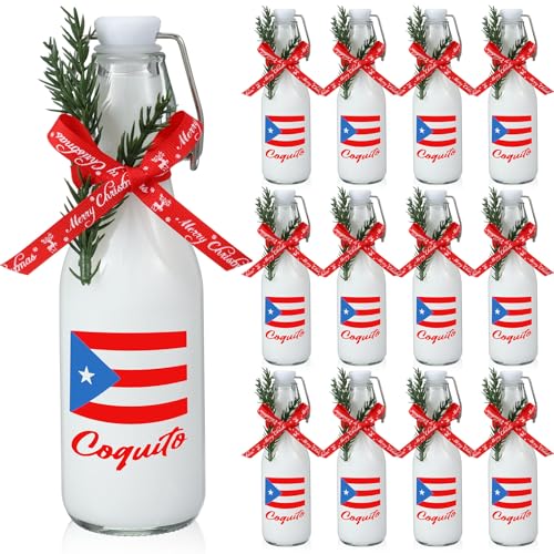 Sieral 12 Pack Christmas Puerto Rico Coquito Swing Top Glass Bottle 8oz Clear Flip Top Beer Brewing Bottles with Ribbon and Artificial Branches for Liquids Wine Christmas Xmas Gifts - style: Puerto Rico
