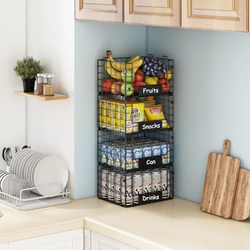 JKsmart 4 Pack XL Stackable Wire Baskets, Pantry Organizers and Storage with Name Plates, Muti-Purpose for Snack Organizer & Vegetable Basket & Fruit Basket - size: XL-12.2"x9.85"x28.65"