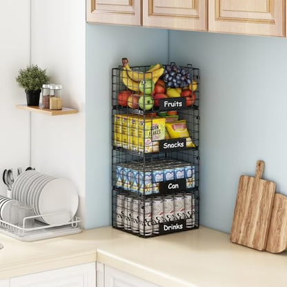 JKsmart 4 Pack XL Stackable Wire Baskets, Pantry Organizers and Storage with Name Plates, Muti-Purpose for Snack Organizer & Vegetable Basket & Fruit Basket - size: XL-12.2"x9.85"x28.65"