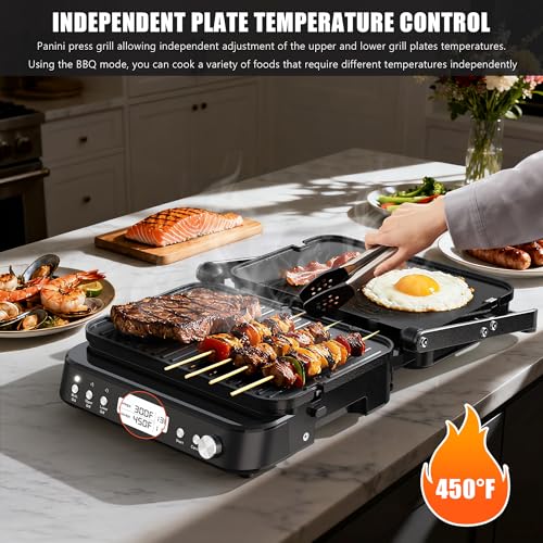 CATTLEMAN Panini Grill Press Sandwich Maker with Removable Plates, 1600W, 6 in 1 Waffle Maker & Electric Indoor Grill with Meat Thermometer, PFAS Free Ceramic Nonstick Reversible Plates, Opens Flat - color: Black with Waffle Plates