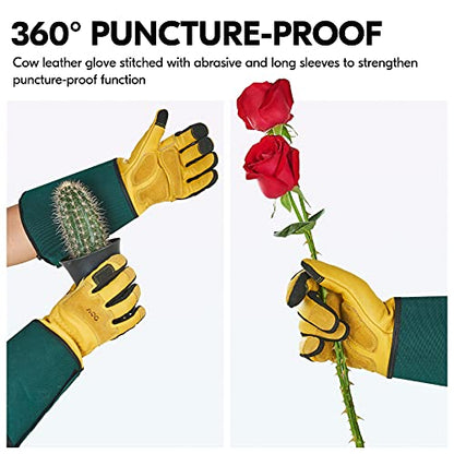 Vgo... Men's Extra-Long Leather Gardening Gloves, Gauntlet with Adjustable Cuff, Puncture & Thorn Proof, Touchscreen (CA7472) - color: 1 Pair - Yellow Green, size: Unisex X-Large