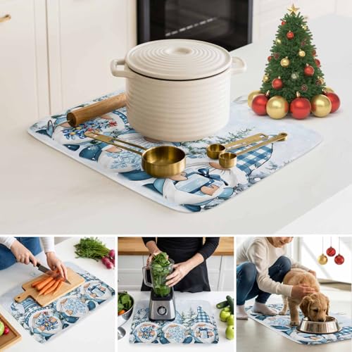Blue Gnomes Christmas Dish Drying Mat for Kitchen Counter, Microfiber Dishes Drainer Mat Rack Pad, Xmas Tree Snowflake Gifts Absorbent Dish Bottle Drying Mats, 18''x24'', 1 Pack - size: 1PCS-18x24in