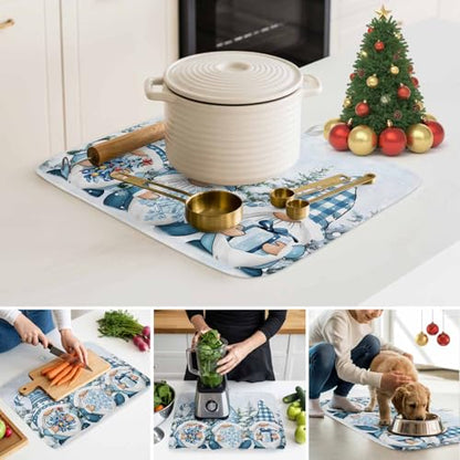 Blue Gnomes Christmas Dish Drying Mat for Kitchen Counter, Microfiber Dishes Drainer Mat Rack Pad, Xmas Tree Snowflake Gifts Absorbent Dish Bottle Drying Mats, 16''x18'', 2 Pack - size: 2PCS-16x18in