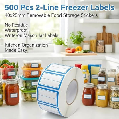 500 Removable Labels - No Residue, Reusable and Waterproof | Suitable for Food Storage Containers, Etc. (Double line-Blue) - color: Double Line-blue