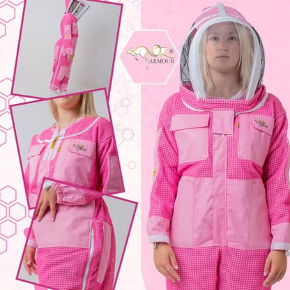 Pink 3 Layer Ventilated Bee Suit for Women | Sting Proof Beekeeping Suit with Fencing Veil, Gloves & Air Mesh Protective Gear (XXS) - size: XX-Small