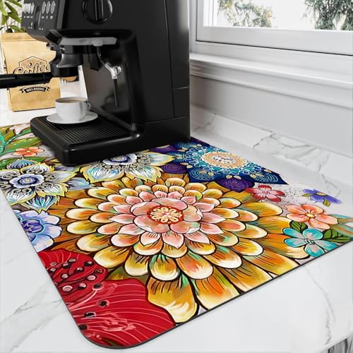 Colorful Boho Floral Coffee Mat Dish Drying Mats for Kitchen Counter, Coffee Bar Mat for Countertop Floor Bohemian Vintage Flower Draining Pad Decor Gift Fit Under Coffee Maker (20x12in) - color: Colorful Boho Floral