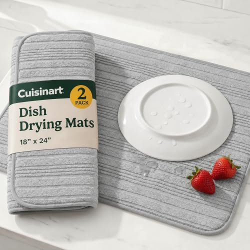 Cuisinart Dish Drying Mat for Kitchen Counter - 2-Pack XL 18x24 Ultra Absorbent Microfiber Dish Mat - Fast Drying, Machine Washable, Foldable Countertop Pad - Safe for Granite & Quartz - color: Horizontal Stripes Gray
