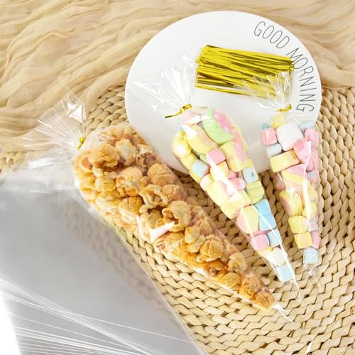 CdbC Cone Shaped Cellophane Treat Bags, 100 Pcs 7x15 inches, Clear, Disposable, Formed/Sealed, Plastic, Twist Tie, Perfect for Party Treats, Candy, Popcorn, Snack Wraps