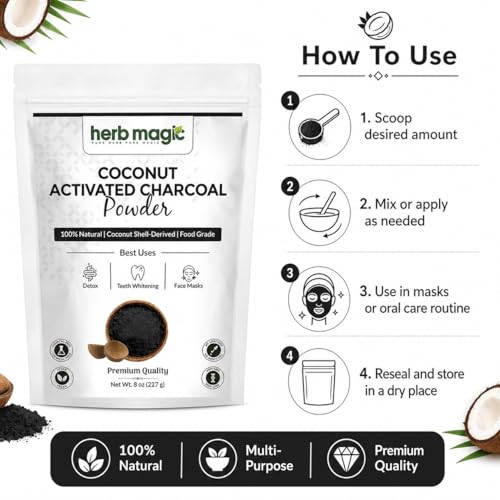 Activated Charcoal Powder – 8 oz (227 g) | Coconut Shell Derived | Finely Milled Powder for DIY Tooth Powder & Beauty Use| Herb Magic