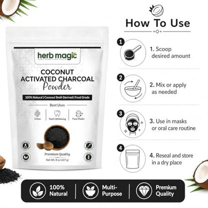 Activated Charcoal Powder – 8 oz (227 g) | Coconut Shell Derived | Finely Milled Powder for DIY Tooth Powder & Beauty Use| Herb Magic