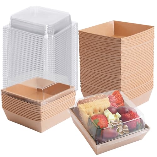 50 Pack Charcuterie Boxes with Clear Lids - Small Charcuterie Boxe 4 Inch Dessert Boxes for Presenting and Transporting an Assortment of Slice Cakes, Strawberries and Other Delicacies - color: Brown