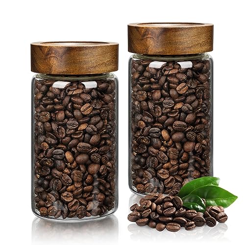 2PCS Small Glass Storage Jars with Airtight Lids, 19.3 fl oz (560ml) coffee container with Wooden Lid, Glass Pantry Canister for Beans, Rice, Sugar and etc - color: clear -（2PCS，19.3FL OZ/560ML）