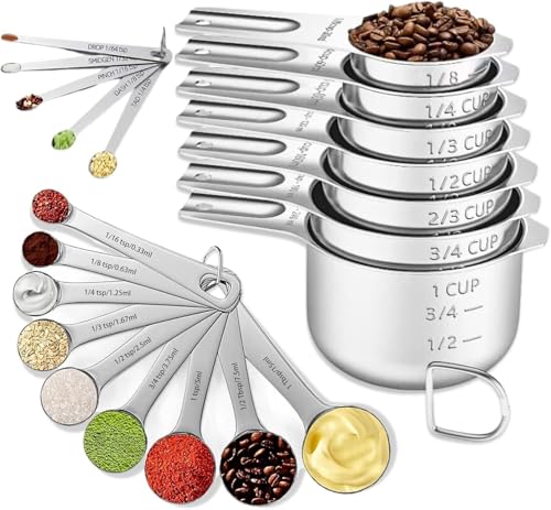 21PCS Measuring Cups and Spoons Set, Include 7 Nesting Measuring Cups, 9 Measuring Spoons and 5 Mini Spoons, Stainless Steel Metal Measuring Set, Kitchen Gadgets for Cooking & Baking - size: 21PCS Set
