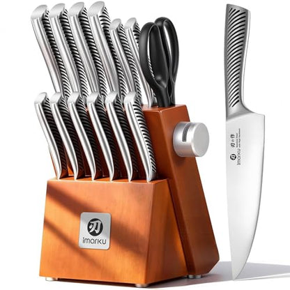 imarku 14-Piece Knife Set, Japanese Stainless Steel Knives Set for Kitchen, Full-Tang Gyutou Knife Sets with Block and Build-in Sharpener, Brown, Dishwasher Safe, House Warming Gifts for Men - color: Light Brown