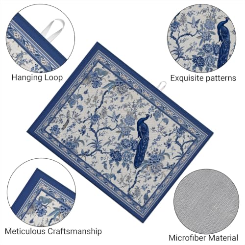 Absorbent Kitchen Dish Drying Mat Quick Dry Heat Resistant Hide Stain for Glasses Coffee Espresso Machines Pots Pans and Dish Racks,18" x 24" Chinoiserie Peacock Blue Pattern - color: Chinoiserie Peacock Blue