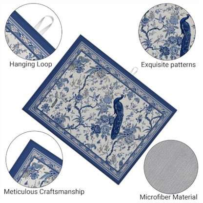 Absorbent Kitchen Dish Drying Mat Quick Dry Heat Resistant Hide Stain for Glasses Coffee Espresso Machines Pots Pans and Dish Racks,18" x 24" Chinoiserie Peacock Blue Pattern - color: Chinoiserie Peacock Blue