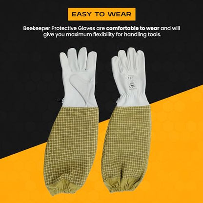 BeeProGear Beekeeping Gloves Goatskin Leather – Sting-Resistant Protective Beekeeper Gloves with Long Canvas Sleeve