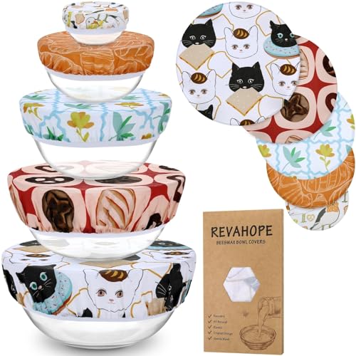 5-Size Reusable Beeswax Bowl Covers for Bread Proofing, Cotton Cloth Flexible Beeswax Wraps for Food Storage(Toast Cat) - color: Toast Cat