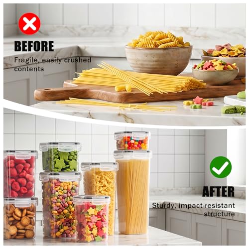 7 PCS Airtight Food Storage Containers with Lids, BPA Free Clear Plastic Kitchen and Pantry Organization and Storage Set for Flour, Sugar, Cereal, Pasta, Includes 7 Labels and Marker - size: 7pcs