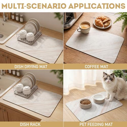 LemonRoad Dish Drying Mat for Kitchen Counter, 12"x20" Absorbent Coffee Bar Mat with Marble Texture Design, Fast-dry Diatomite Drainer Drying Mats with Non-slip Backing for Kitchen Sink Countertop - style: Marble Pattern